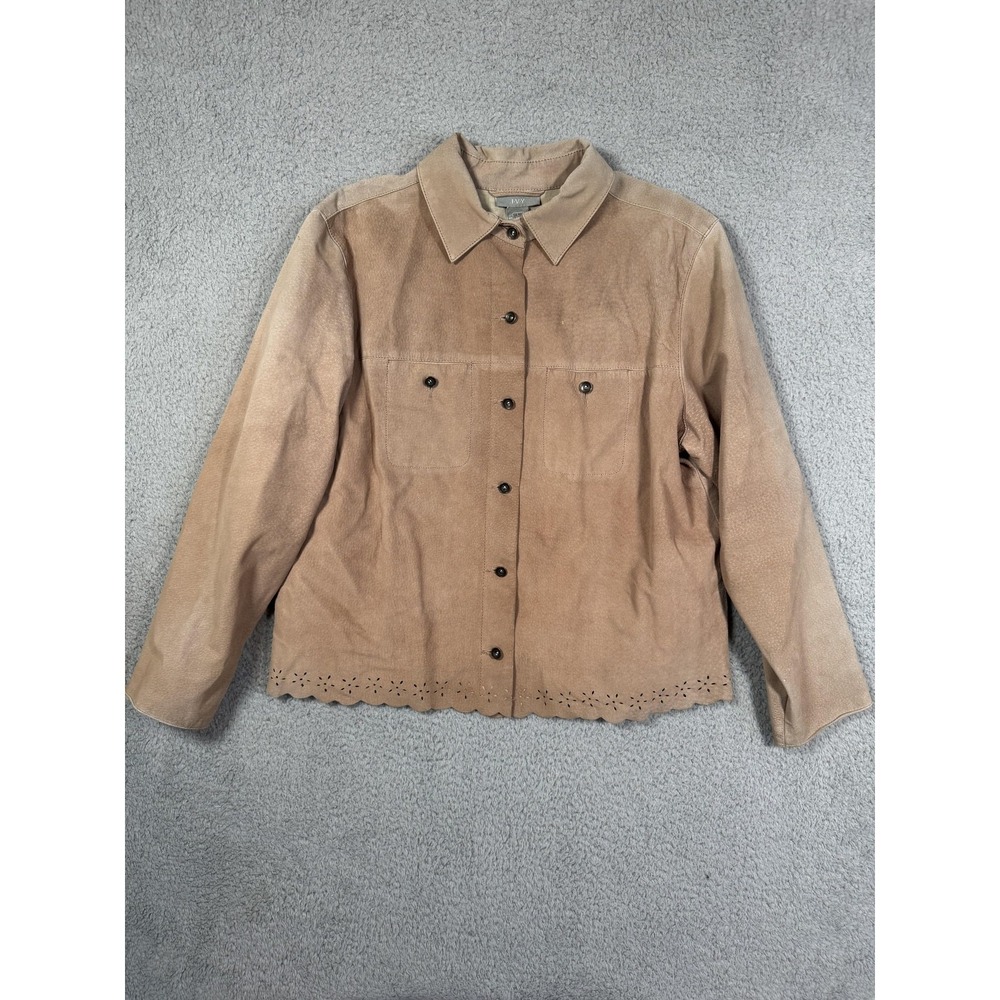 IVY Jacket Womens Large Caramel Genuine Suede Lined Snap Front Scalloped Hem
